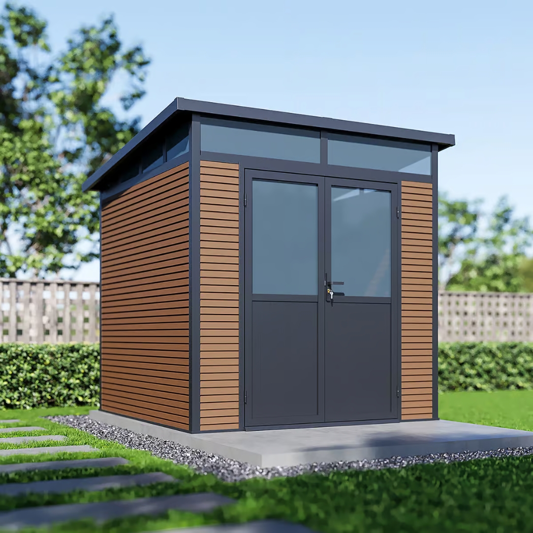 Gartenhaus mit Doppeltür aus Aluminium und WPC 218x218x226 cm Wetterfest in Teak-Optik