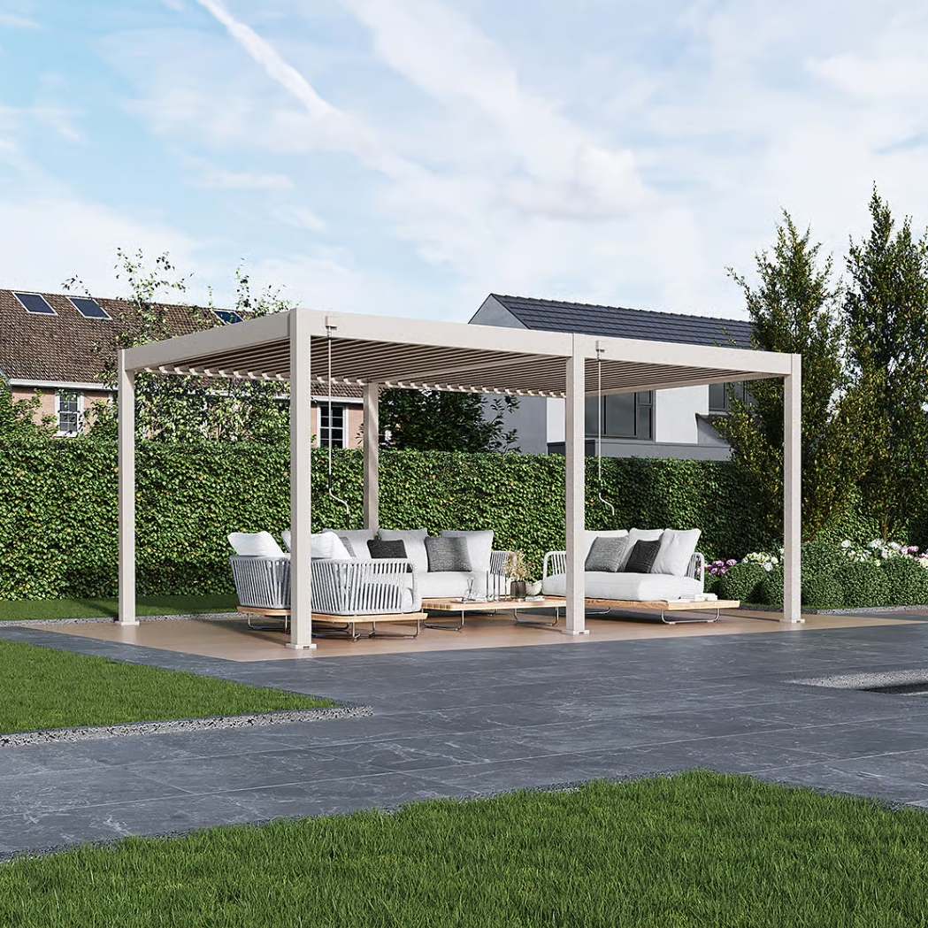 Weide Pergola Deluxe Plus | Voll Aluminium freistehend | 3.6x5.3m | Lamellendach Ivory Sand