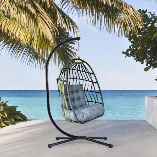 Hängesessel Maldives-Band Grau/Grün – wetterfest, klappbar & inkl. Komfort-Kissen – Bild 3