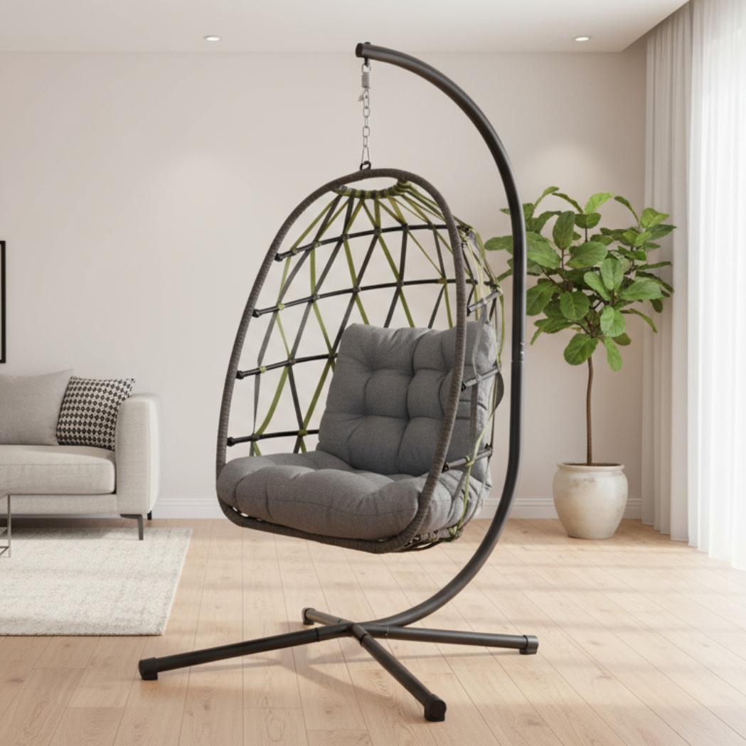 Hängesessel Diamond-Band Grau/Grün – wetterfest, klappbar & inkl. Komfort-Kissen