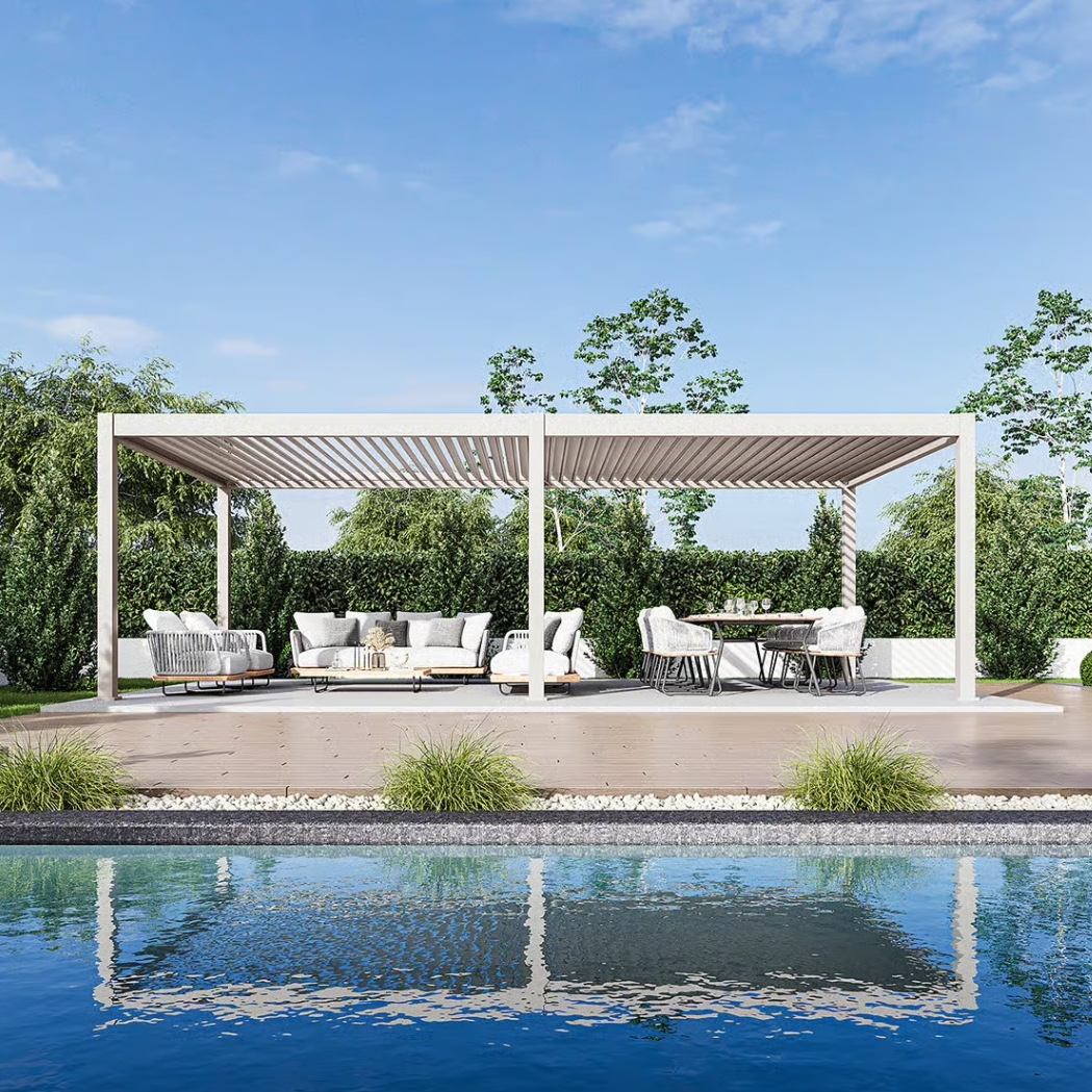 Weide elektrische Pergola 4x8m mit LED | motorisiertes Lamellendach Ivory Sand