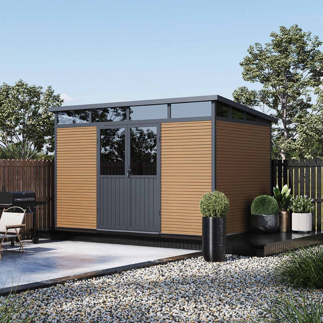 Gartenhaus mit Doppeltür aus Aluminium und WPC 338x218x226 cm | Wetterfest in Teak