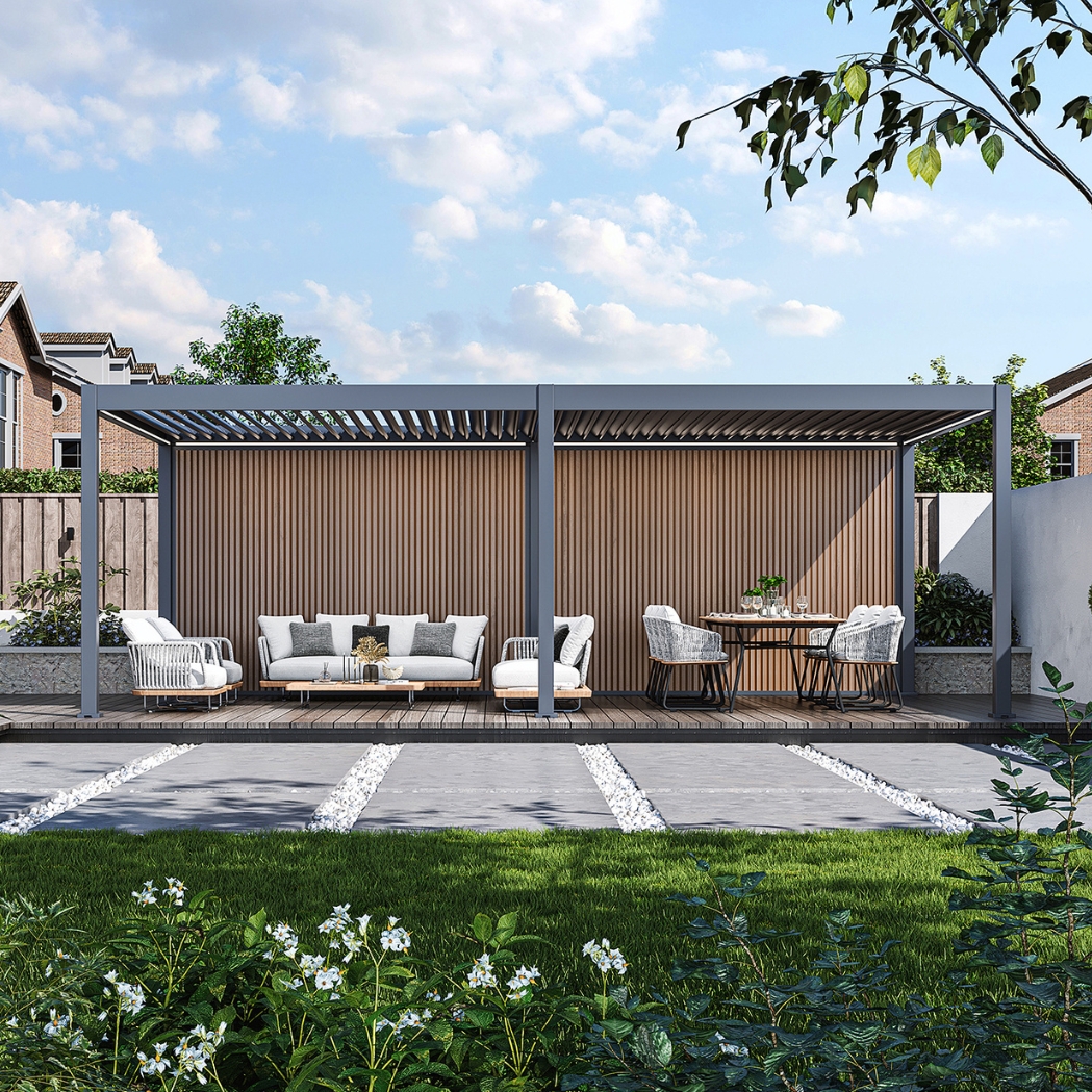 WPC Sichtschutzwand Holzoptik Teak | Lamellenwand für Pergola | modular & wetterfest – Bild 10