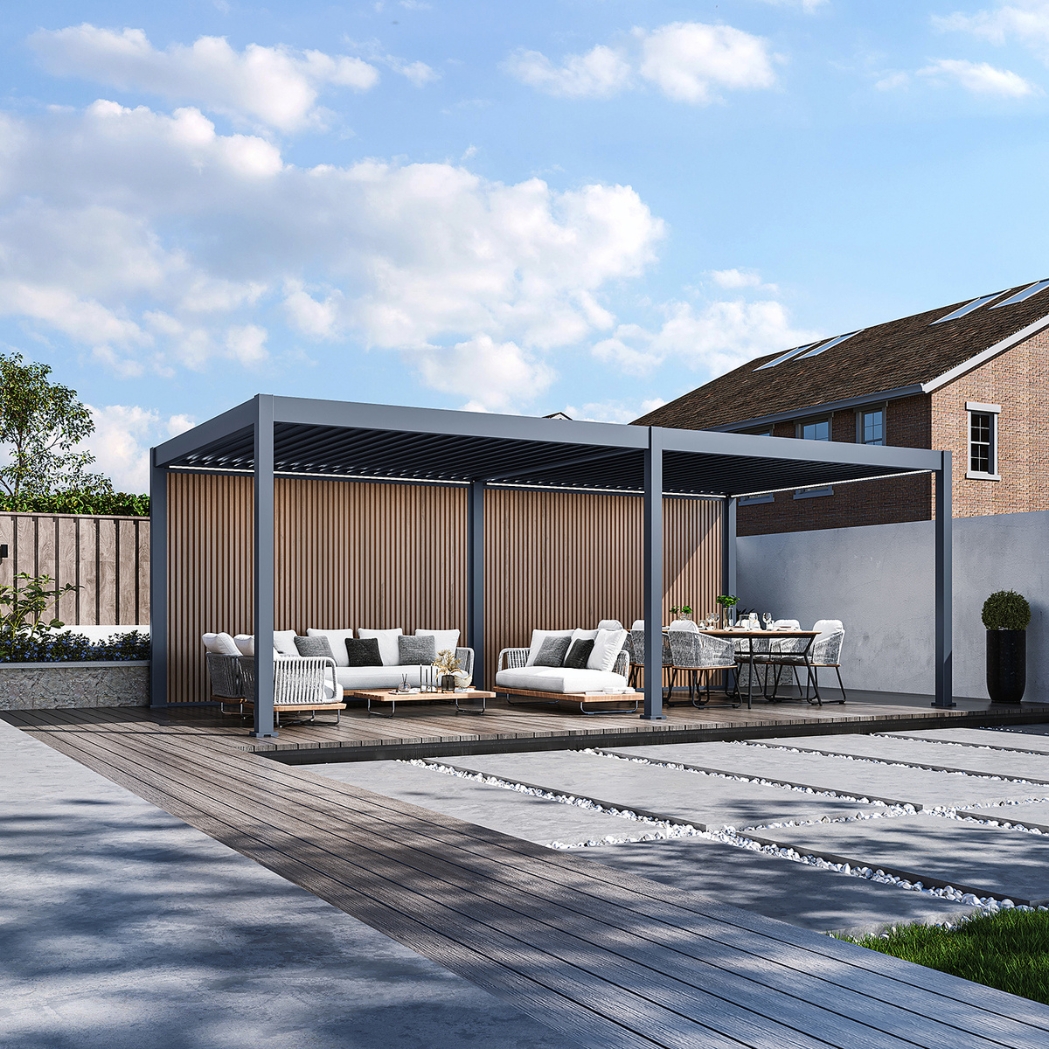 WPC Sichtschutzwand Holzoptik Teak | Lamellenwand für Pergola | modular & wetterfest – Bild 9