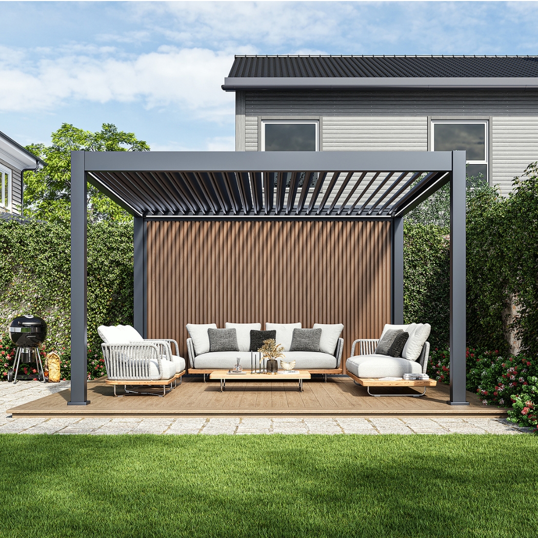 WPC Sichtschutzwand Holzoptik Teak | Lamellenwand für Pergola | modular & wetterfest – Bild 11