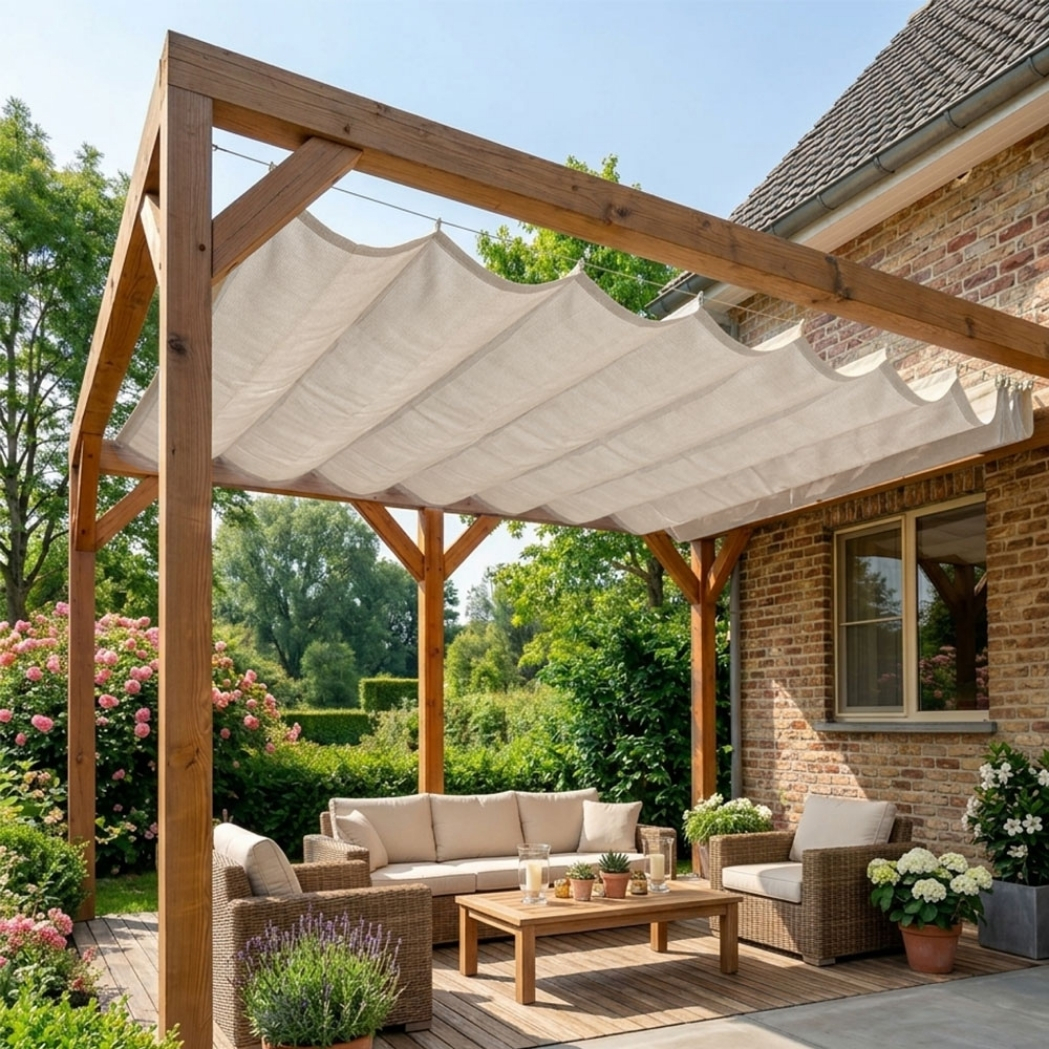 Holz Pergola Douglasie | 4.04 x 3.94m | inklusive Faltsonnensegel – Bild 7