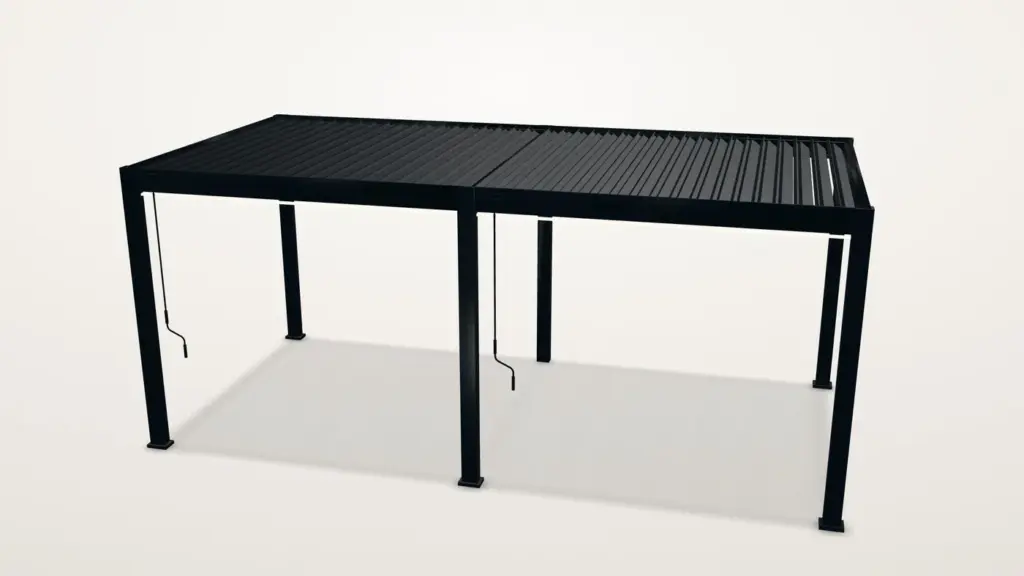 Ventaris Pergola in Anthrazit am Abend, Ansicht mit LED-Beleuchtung in der Rinne