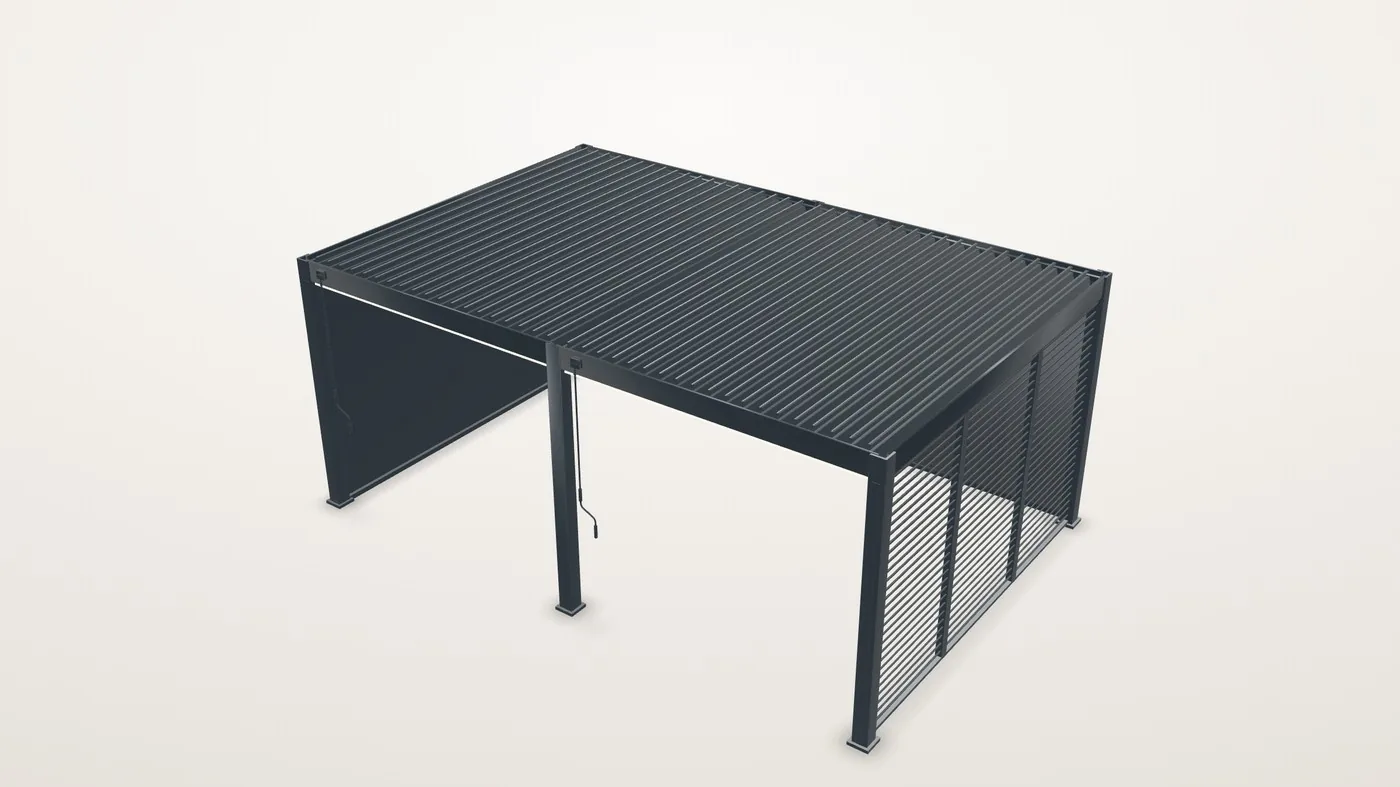 Ventaris Pergola in Anthrazit mit WPC-Sichtschutzwand und Lamellenwand, 3D-Modell aus dem Pergola Konfigurator