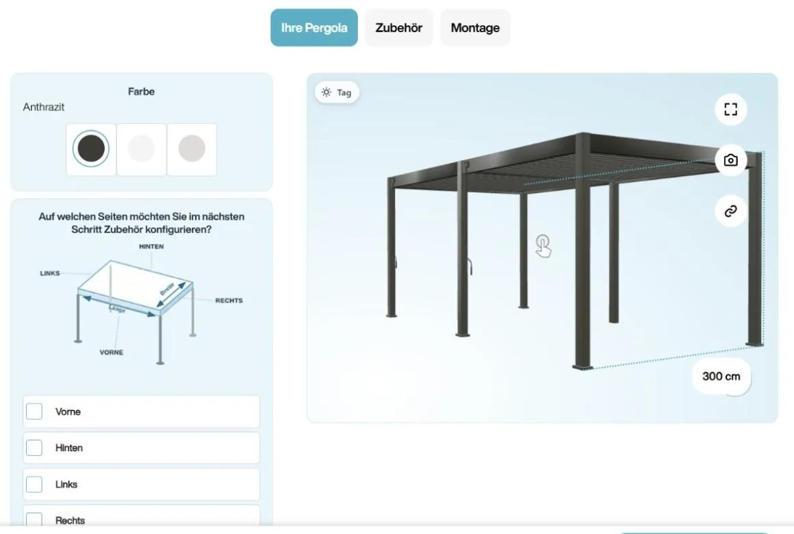 Farbauswahl und Seitenauswahl im Pergola Konfigurator mit 3D-Ansicht der Pergola