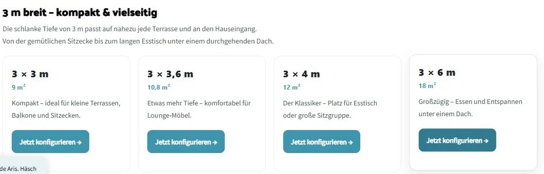 Grössenauswahl im Pergola Konfigurator mit den Modellen 3 mal 3, 3 mal 3,6, 3 mal 4 und 3 mal 6 Meter