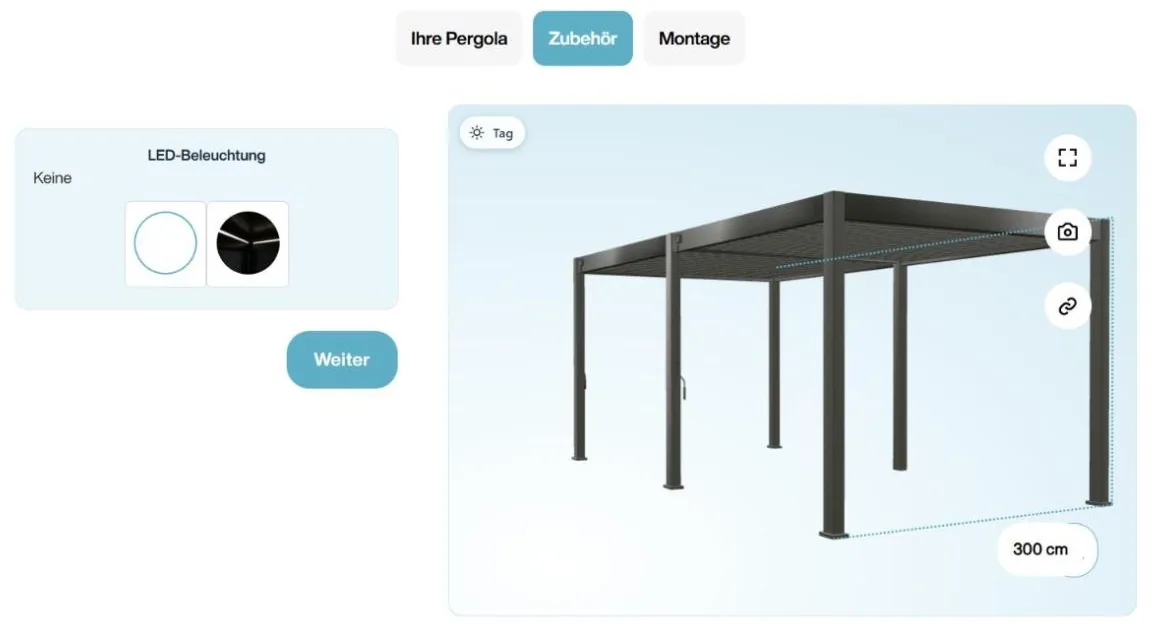 Zubehörschritt im Pergola Konfigurator mit Auswahl der LED-Beleuchtung