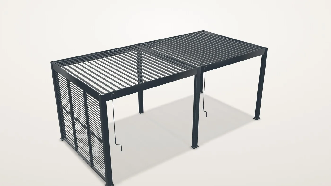 Ventaris Pergola mit drehbarer Lamellenwand auf der linken Seite, Licht und Luft kommen durch